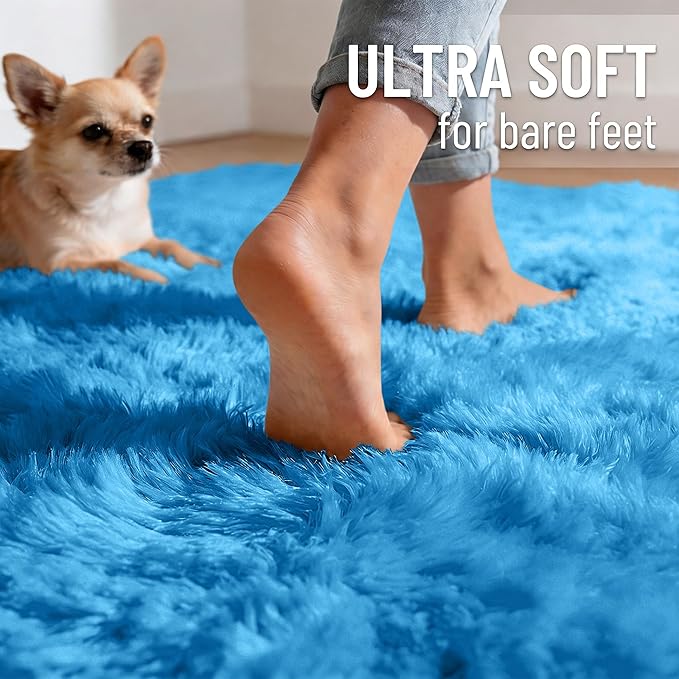 OLANLY 3x5 Machine Washable Small Bedside Rug, Soft Fluffy Shaggy Rugs for Living Room, Bedroom, Indoor Floor Carpet for Kids Girls and Boys, Preppy Dorms, Nursery, Home Decor Aesthetic, Bright Blue