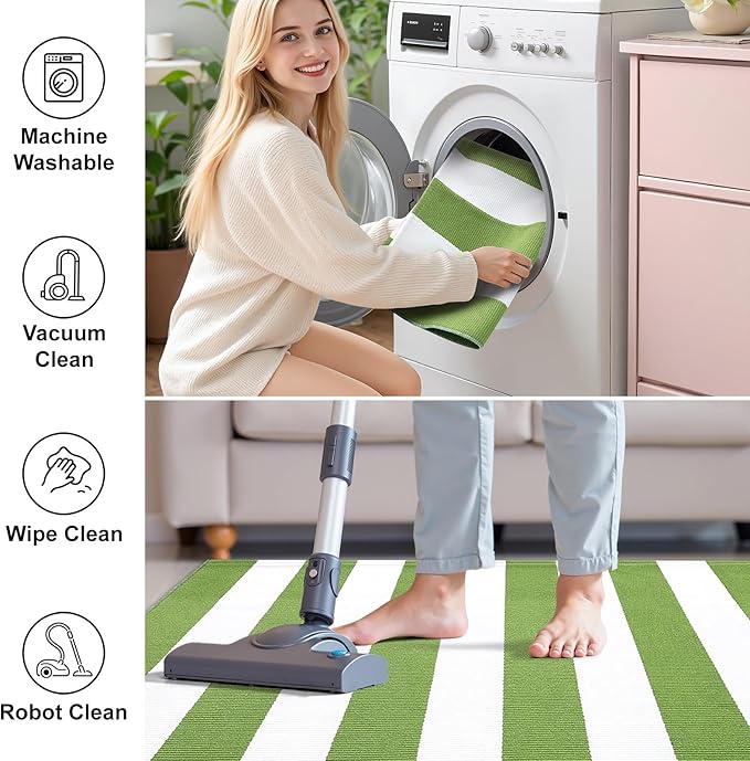 OLANLY Green and White Striped Rug 3' x 5' – Washable Cotton Indoor Outdoor Doormat for Front Door, Entryway, Kitchen, Porch, Patio Decor