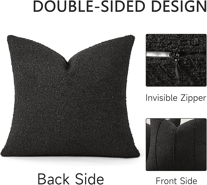 YCOLL Textured Boucle Throw Pillow Covers 22x22 Pack of 2 - Soft Neutral Striped Cushion Covers, Cozy Accent Decorative Pillow Covers for Couch, Sofa, Bed, Living Room (Black)