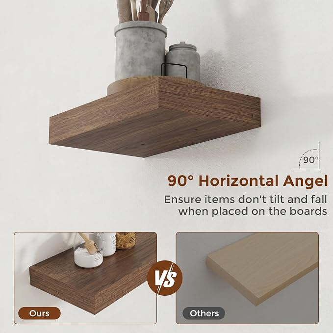 Heimlove 12 Inch Floating Shelves for Wall Walnut Shelves Set of 2,Wall Mounted Rustic Wood 8 Inch Deep Floating Shelf with Invisible Brackets for Bedroom Kitchen Living Room