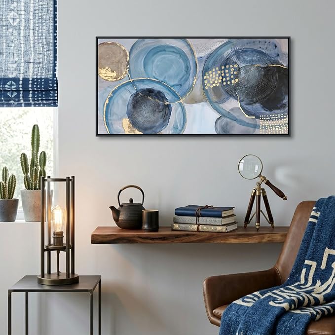 YDYSUNE Blue Abstract Geometric Circle Canvas Wall Art - 20x40 Inch Framed Modern Minimalist Painting Print, Easy to Hang Decor for Living Room, Bedroom & Office
