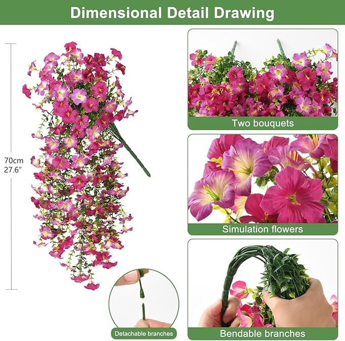 Artificial Fake Flowers Plants for Outdoor Spring Summer Decoration,2 PCS Faux Silk Morning Glory with Eucalyptus Leaves,UV Resistant Realistic Outdoor Flowers for Balcony Porch Patio Yard Garden
