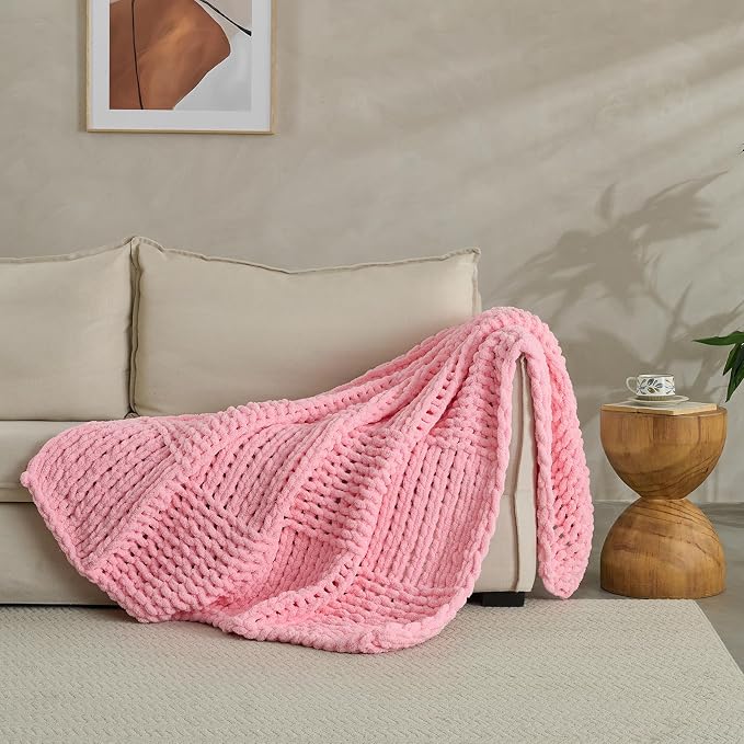 Chunky Knit Blanket Throw 50x60 Inches,Handmade Cable Knit Crochet Blanket,Cozy Lightweight All Season,Wrinkle-Resistant Polyester for Couch Bed Sofa Reading Nook, Beige,Pink