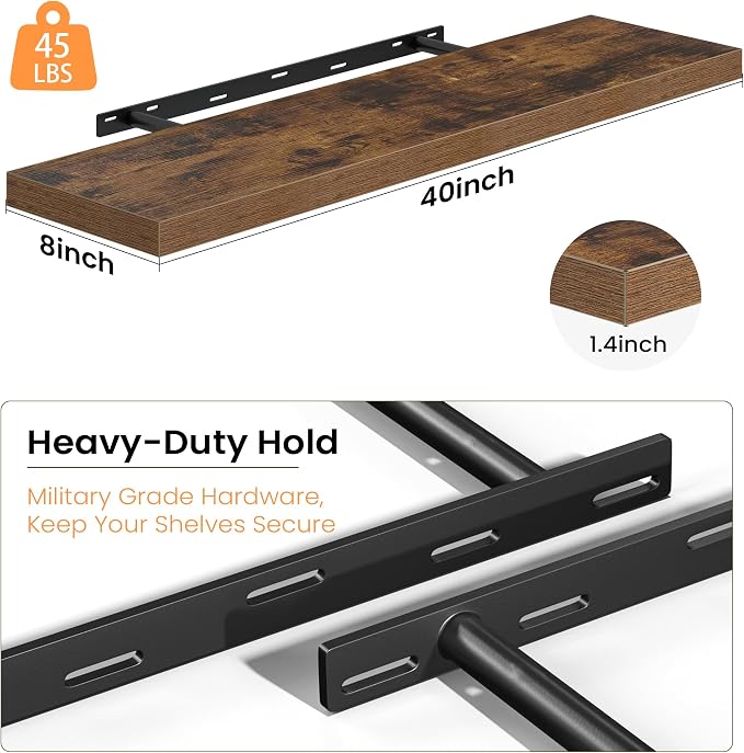 Fun Memories Floating Shelves for Wall, 40 Inch Long Set of 2 Rustic Wood Wall Shelves with Invisible Brackets, Heavy Duty Storage Display for Living Room Bedroom Kitchen, Brown
