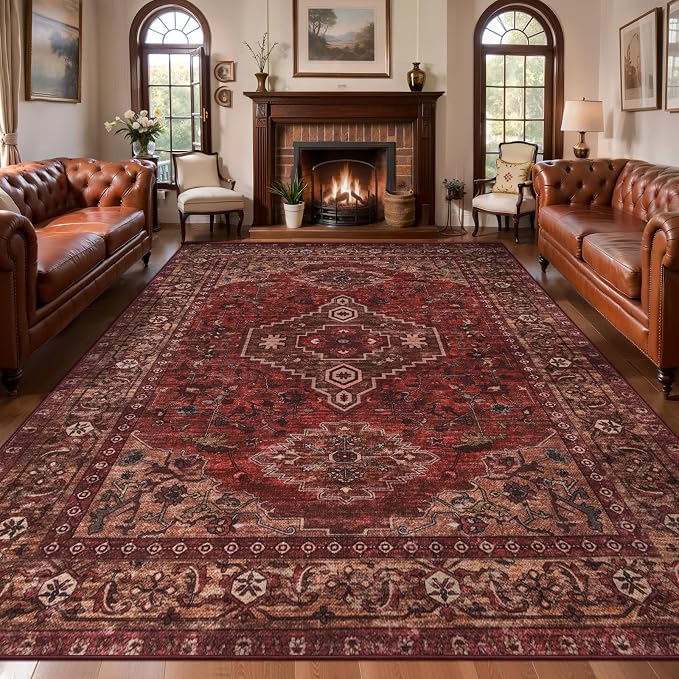 Tangsoo 8x10 Area Rugs for Living Room, Washable Oriental Vintage Indoor Non Slip Large Area Rugs, Print Carpet, Soft Low Pile Rug Foldable Floor Rug for Bedroom Dining Room Dorm Dark Red