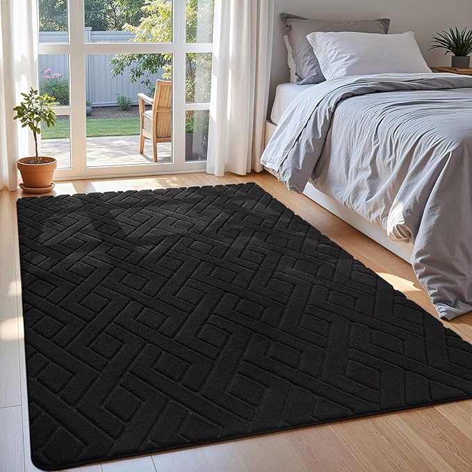 Macgace Ultra Soft Black Area Rug for Bedroom, 4x6 Modern Geometric Shag Rugs with Nonslip Backing for Living Room, Washable Fuzzy Carpet for Cozy Kids Room Nursery