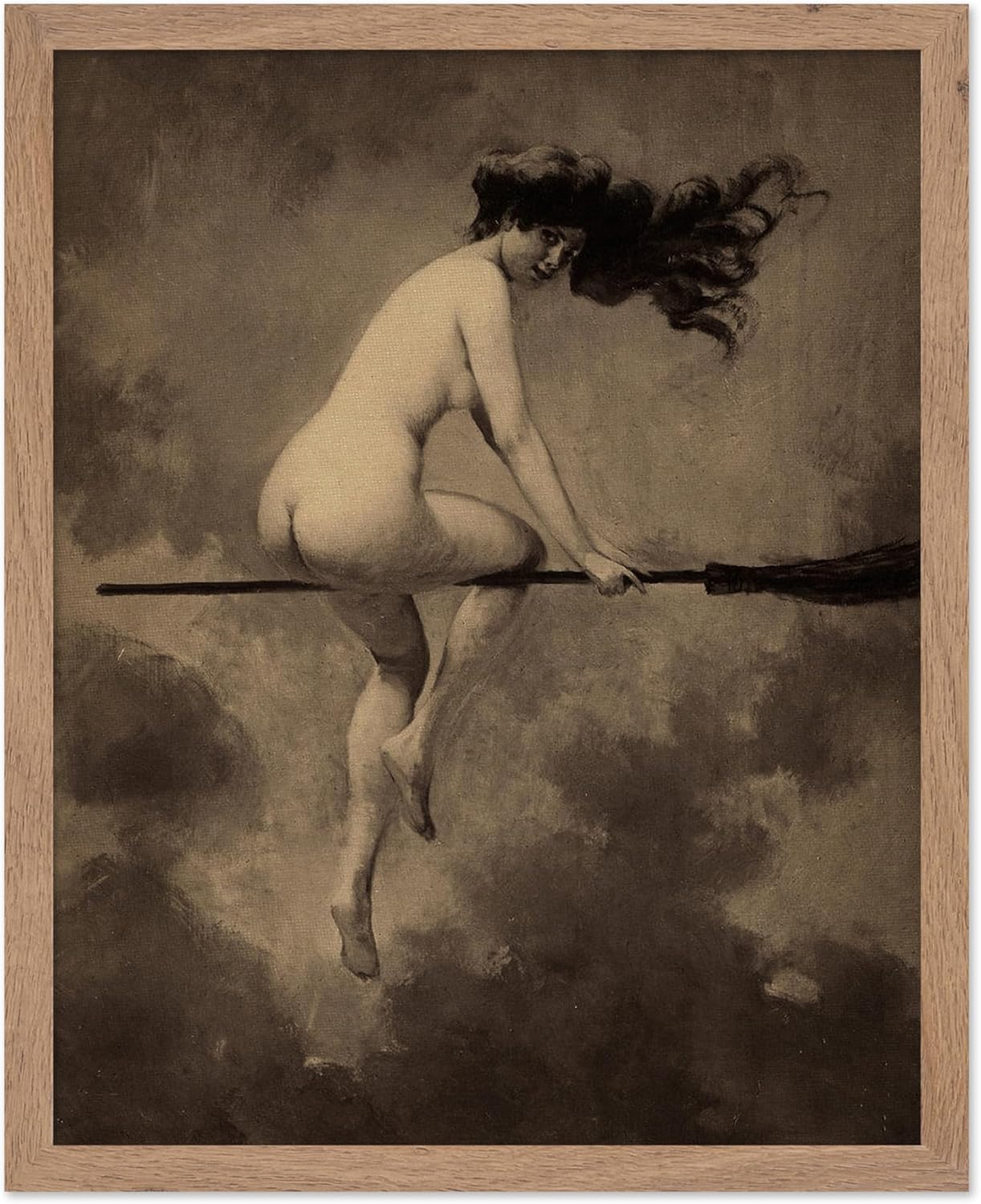 Poster Master Vintage Albert Joseph Penot Poster - Retro Halloween Print - Gift for Artist, Friend - Departure for the Sabbath, Naked Witch on Broom - Wall Decor for Bedroom, 11x14 Beige Framed