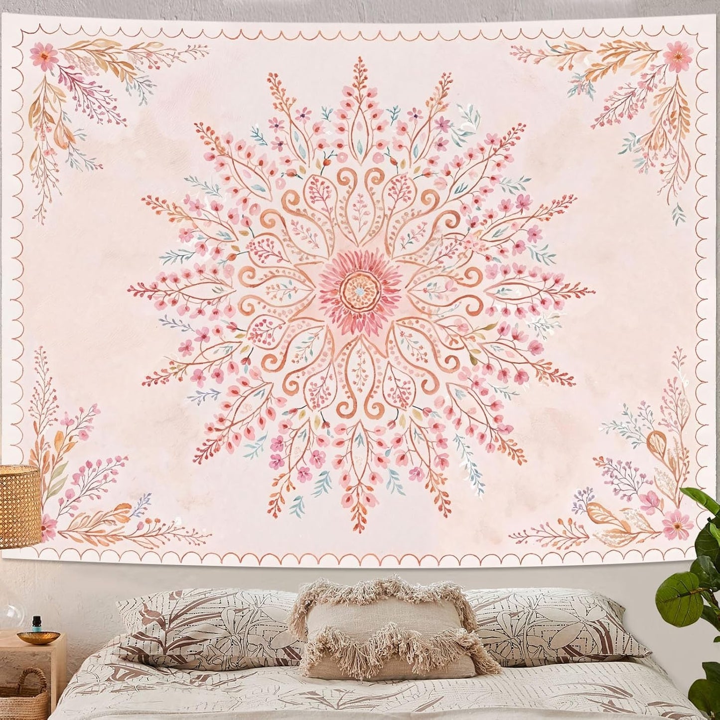Lunerfex Floral Mandala Tapestry Boho Tapestry for Bedroom Pink Tapestries Wall Hanging Living Room Wall Art and Home Decor 70x90
