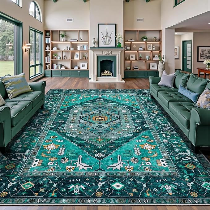 SERISSA Washable Rugs 9x12 Area Rugs, Large Non-Slip Boho Living Room Teal Rug, Ultra Soft Vintage Print Distressed Oriental Tribal Farmhouse Carpet for Dining Room Bedroom Dorm Office Home Decor