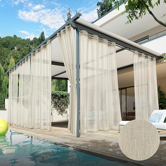 HolidayIdeas 6 Panels Outdoor Curtains for Patio-Natural Linen Semi Sheer Curtains for Patio Waterproof, Privacy Sun Light Indoor Outside Drapes for Gazebo, Pergola, Balcony, Pool, Backyard 54x95 Inch