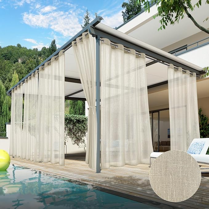 HolidayIdeas 6 Panels Outdoor Sheer Curtains for Patio Waterproof-Natural Linen Semi Voile Indoor Sheer Curtains, Light Filtering Privacy Drapes for Living Room, Gazebo, Porch, Balcony, Pool 54"x84"