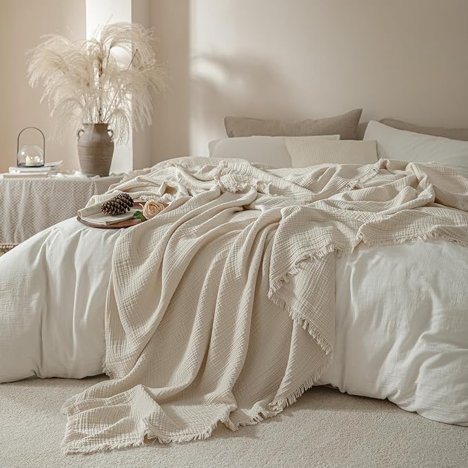 Muslin Fringe Blankets for Adults: 100% Cotton Cloud Soft | 4-Layer Gauze Breathable Lightweight All Season Throw Blanket for Bed Couch Sofa Office