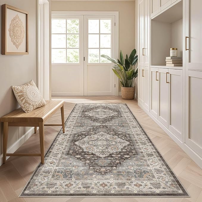 Runner Rug Kitchen Washable Rugs: 3x8 Non-Slip Boho Vintage Stain Resistant Indoor Neutral Farmhouse Throw Carpet for Hallway Bathroom Laundry Room Entryway Bedroom- Grey Brown