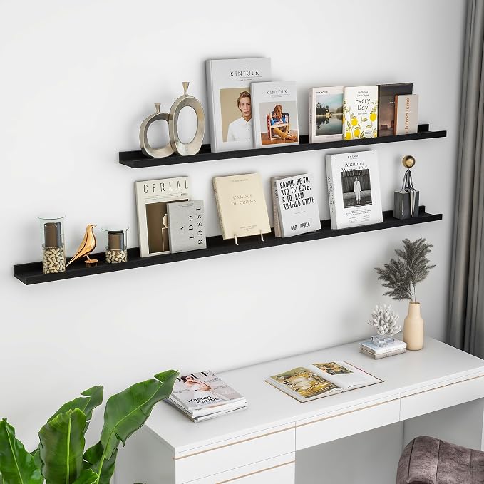 FLYJOE Picture Ledge Shelf for Wall, 24 inch Solid Ash Wood Nursery Book Shelves 2 Packs, Floating Shelves for Kids' Room Bedroom Bathroom Living Room Photo Frames Office Nursey Wall Decor, Black