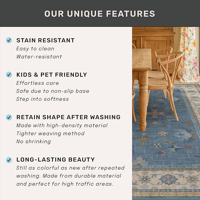 Hazo Haus Boho 2x6 Non Slip Kitchen Rug Runner - Light Blue Washable Rug for Bathroom, Laundry Room, Hallway, Non Slip with Rubber Backing, Floral Eclectic Unique Runner Décor