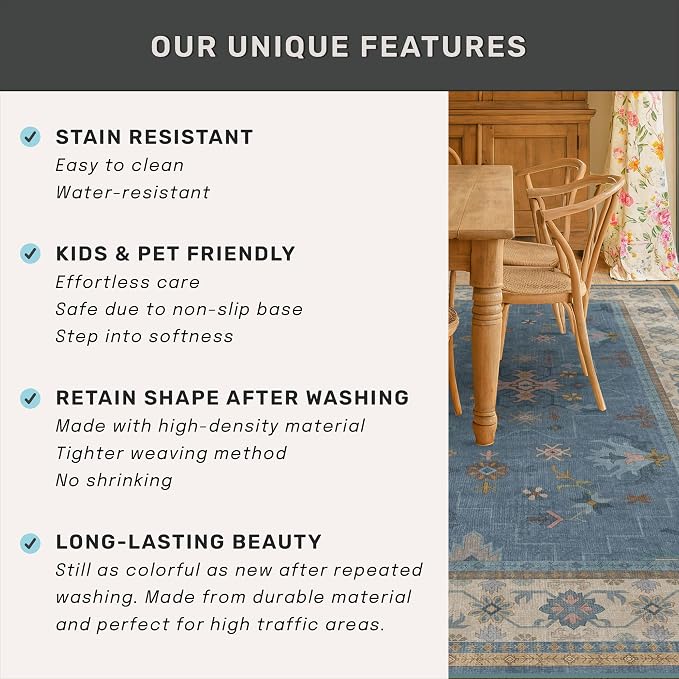Hazo Haus Boho 8x10 Large Area Rugs for Living Room - Eclectic Dusky Blue Rug for Bedroom Under Bed, Dining Room Under Kitchen Table, Washable Soft Non Slip Unique Colorful Indoor Décor