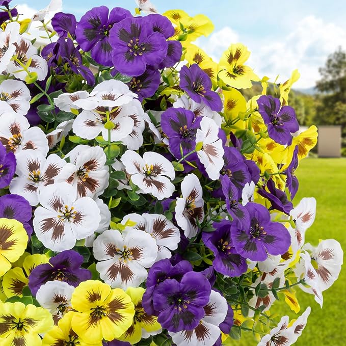 24 Pcs Artificial Fake Pansy Flowers for Outdoor,Faux Silk Plants Flowers UV Resistant Pansies Spring Flowers for Planter Front Door Porch Yard Patio Garden Window Box Home Decor(3 Color)