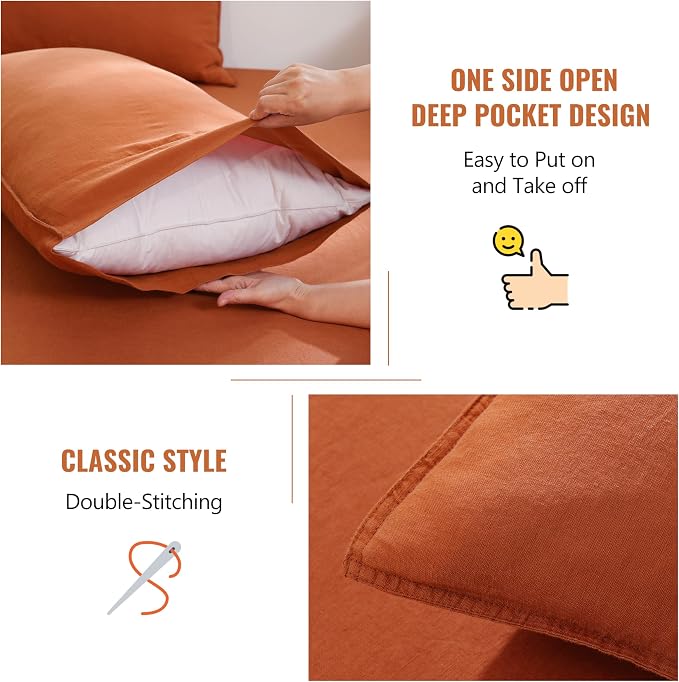 Linen World 100% French Natural Linen Pillowcase Set of 2 - Stone Washed Moisture-Absorbing King Size(20''x40''),Rust