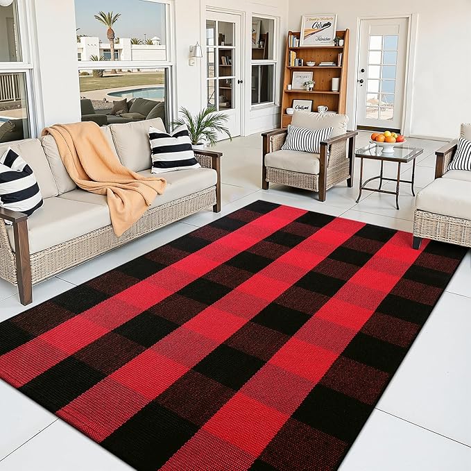 OLANLY Buffalo Plaid Rug 3' x 5' – Red and Black Cotton Checkered Doormat, Washable Indoor Outdoor Rug for Layered Front Porch, Kitchen, Entryway Decor