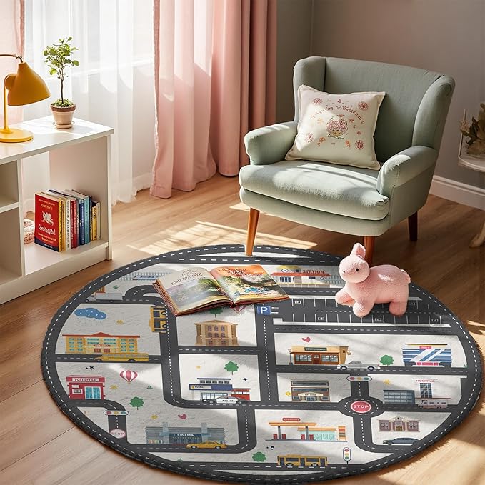 3.3ft Round Kids City Road Car Play Rug - Non-Slip Faux Wool Carpet with Interactive City Map Design, Educational Toy Vehicle Mat for Kids, Bedroom Playroom Nursery Gift.
