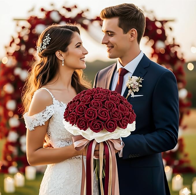 Auihiay 104PCS Burgundy Roses, Vivid Silk Velvet Artificial Roses, Lifelike Faux Roses for Bridal Bouquet, Home Decor, Valentine's Day, Wedding Centerpieces, Engagement Party