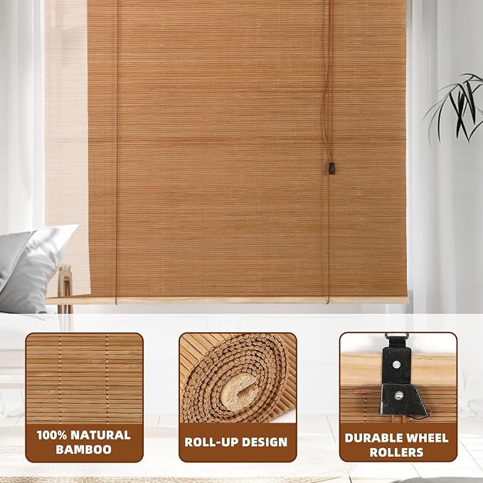 Outdoor Bamboo Roller Blinds Shades, Vertical Lifting and Breathable Waterproof Design, Sun Shade, Blackout and Ventilation, Easy Installation,48" W×72" H