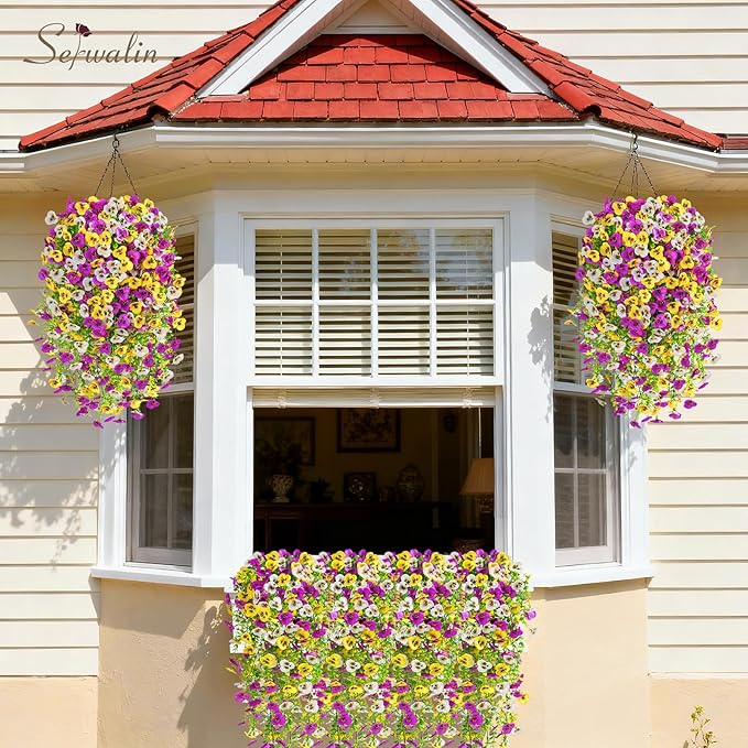 Serwalin Artificial Fake Hanging Flowers for Outdoors Planters,6PCS UV Resistant Faux Pansy Spring Flowers for Outside Porch Patio Garden Window Box (Yellow Lavender White)