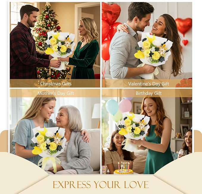 Flowers for Delivery Prime Preserved Flowers Bouquet That Last 3-5 Years Real Forever Roses Bouquet for Her Women Wife Grandma Anniversary Birthday Mothers Day Gifts for Mom(Yellow)