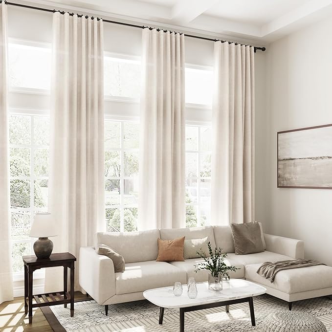 Extra Long Tan Beige Curtains 144 inch Length 2 Panels Set Back Tab Neutral Farmhouse Drapes Light Filtering Semi Sheer Linen Curtain 144 inches Long for Floor to Ceiling Window Patio Sliding Door