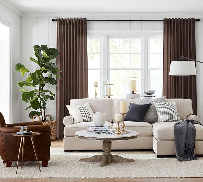 Jowels Coffee Linen Curtains 96 Inch Long 2 Panels for Living Room | Brown Light Filtering Semi Sheer Curtain,Back Tab Pocket Pleated Look,Farmhouse Textured Privacy Drapes for Bedroom Window