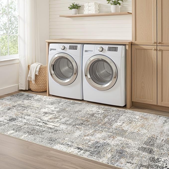 Runner Rug Kitchen Washable Rugs: 2x6 Non-Slip Abstract Soft Modern Stain Resistant Indoor Floor Neutral Accent Throw Carpet for Hallway Bathroom Laundry Room Entryway Bedroom- Gray Rust