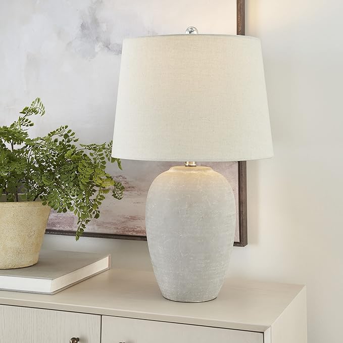 Nourison Home 23" Vintage Gray Ceramic Table Lamp with Light Gray Linen Shade, Traditional Bedside Accent Lamp, Nightstand Lamp for Bedroom, Living Room