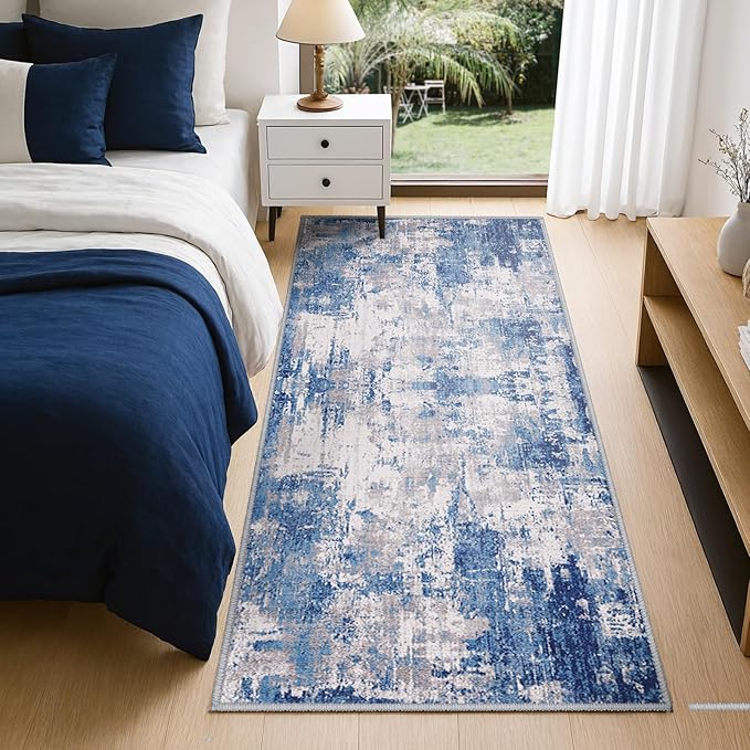 RELEANY Washable Area Rugs 2'x8' Non-Slip Modern Abstract Soft for Living Room Entryway Bedroom Nursery, Print Pattern, Blue Grey Navy Gray