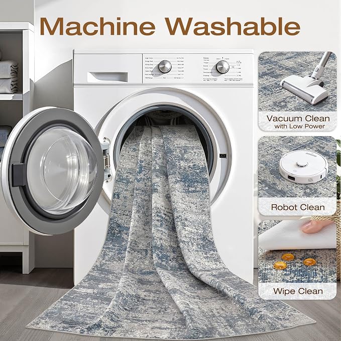 9x12 Area Rug Living Room: Washable Large Neutral Rug Abstract Soft Modern Stain Resistant Indoor Floor Non-Slip Carpet for Bedroom Nursery Kids Office Playroom Dining Room Under Table- Blue Gray
