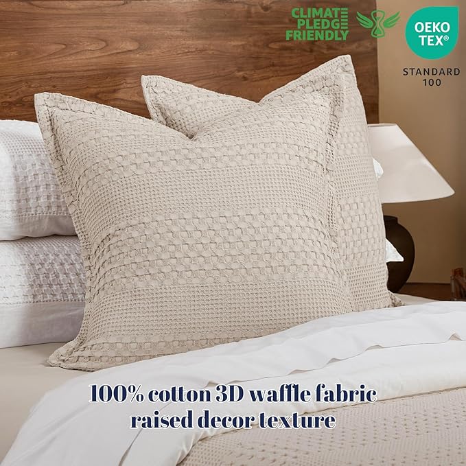 PHF 100% Cotton Ruffle Waffle Weave Euro Sham Covers, 8 Pack 26" x 26" Bed Pillow Covers for Elegant Home Decor, No Filling, Luxury Aesthetic Euro Pillow Cases for Bed, Oatmeal