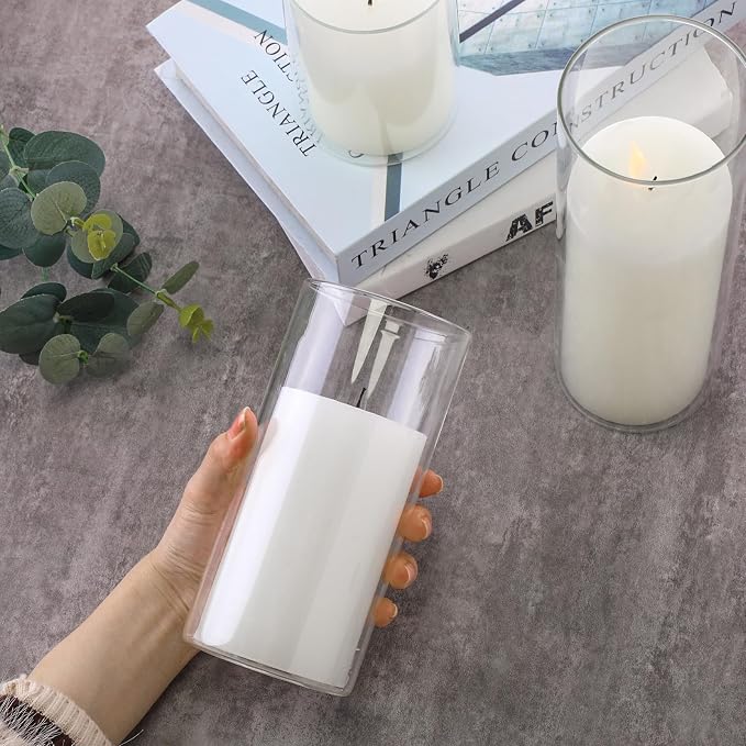Shihanee Set of 6 Pillar Candles with Glass Cylinder Vases Clear Cylinder Hurricane Candleholders for Slim Tall Pillar Candles Wedding Table Centerpieces(3'' X 5.9", 7.9", 9.8",White)
