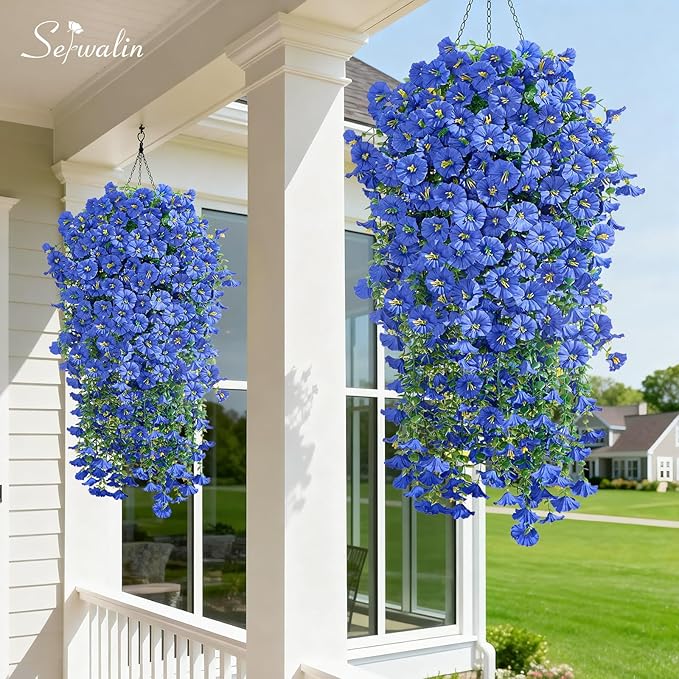 Serwalin Artificial Hanging Flowers for Outdoors UV Resistant, 4PCS Faux Morning Glory Fake Outdoor Flowers Realistic Silk Flower Faux Plants for Outside Planter Front Door Porch Patio Yard Decor
