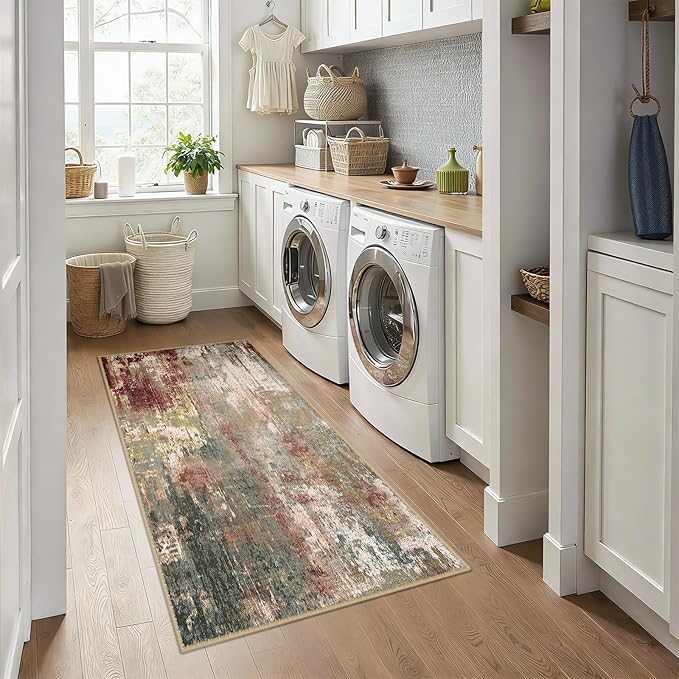 RELEANY Washable Area Rugs 3x6 Non-Slip Modern Abstract Soft for Living Room Entryway Bedroom Nursery, Print Pattern, Brown Rust Red Green Blue Multi
