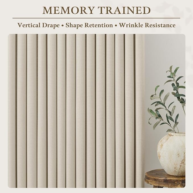 Pinch Pleated Oatmeal Linen Blend Semi Sheer 86 Inch Curtains 2 Panels Set for Bedroom, Memory Trained Pinch Pleat with Back Tab Light Filtering Non See Through Living Room Farmhouse Window Drapes