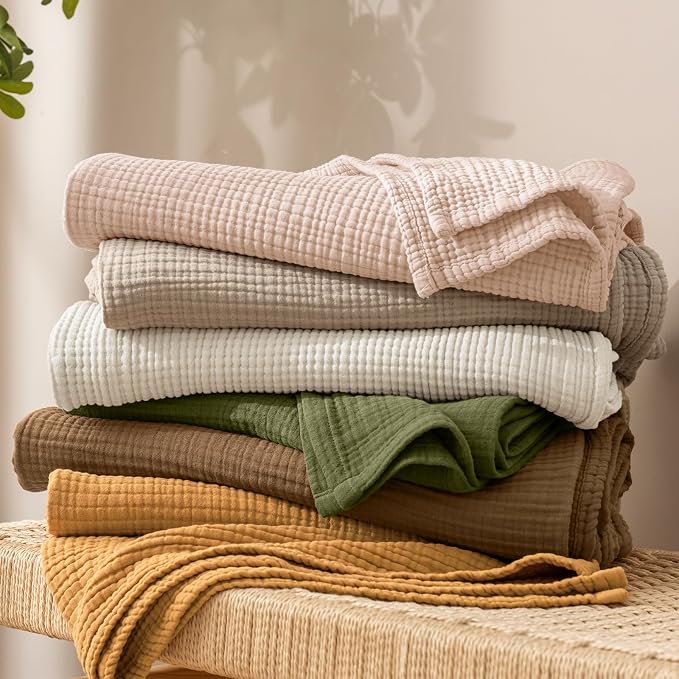 PHF 100% Cotton Muslin Throw XL Blanket Large 50" x 70", 4-Layer Lightweight Gauze Throw, Breathable Cloud-Soft Minimalist Blanket for Bed, Couch, Camping & Baby, Oat Milk, Ideal Gift