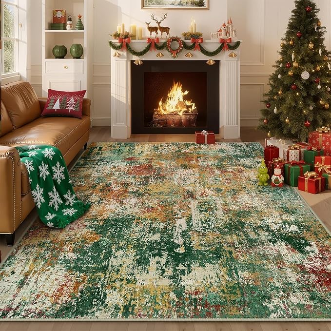 RELEANY Washable Area Rugs 6'x8' Non-Slip Modern Abstract Soft for Living Room Entryway Bedroom Nursery, Print Pattern, Green Orange Rust Red Cream Colorful