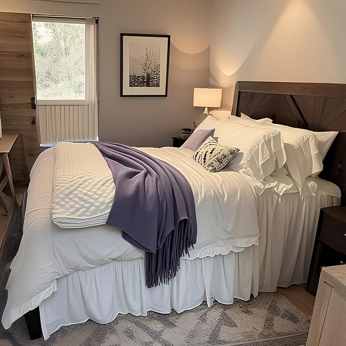 Simple&Opulence 100% Linen Duvet Cover Set, 3 PCS Natural French Flax White Ruffle Duvet Cover Full Size, Breathable Comfy Linen Bedding Comforter Cover with 2 Pillowcases (White, 78" X 86")