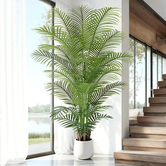 7ft Artificial Palm Tree Tall Faux Palm Tree Indoor Large Fake Plants with 21 Trunks Artificial Plants with White Pot Lifelike Leaves for Home Office Decor Living Rooms Bedrooms