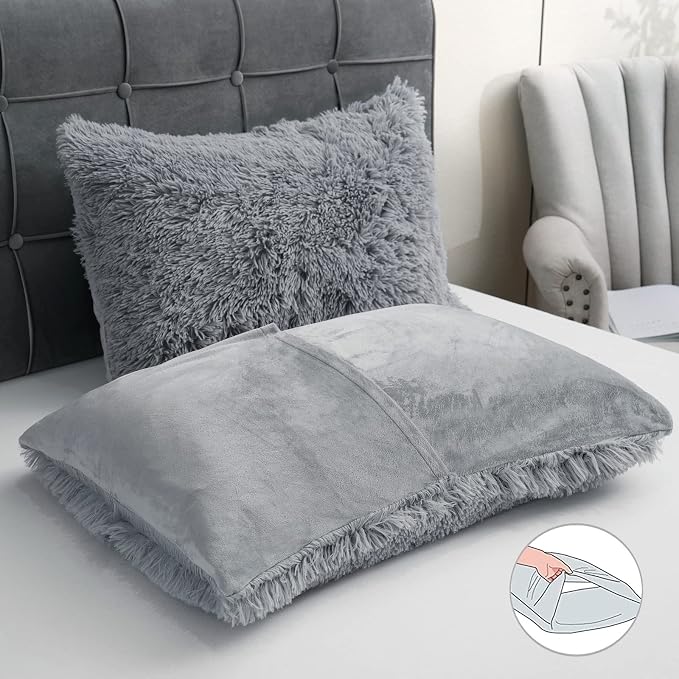 Fluffy Plush Duvet Cover Set Twin Size, Luxury Ultra Soft Velvet Fuzzy Comforter Cover Bed Sets 3Pcs(1 Faux Fur Duvet Cover + 1 Pillow Cases + 1 Pillow Cover) Zipper Closure (Twin, Light Gray)