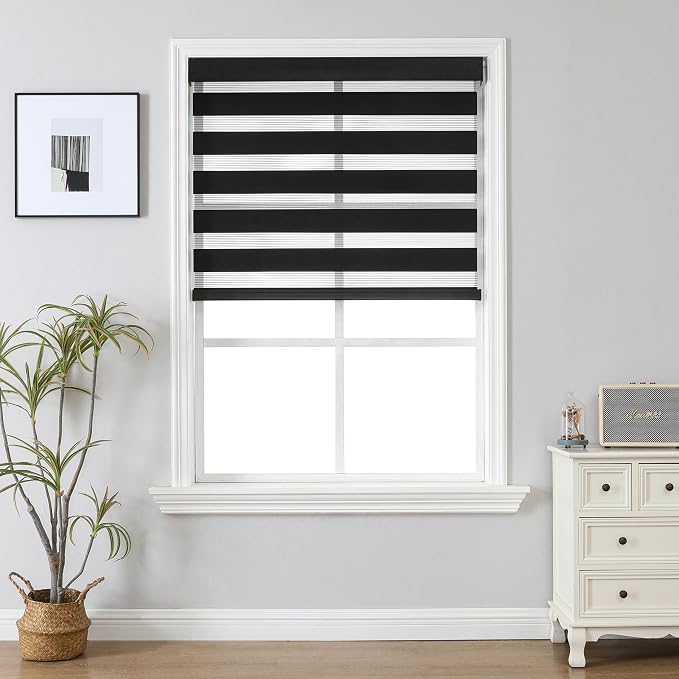 Joydeco Cordless Zebra Blinds (Pro), Dual Layer Light Control Zebra Blinds for Windows, Light-Proof Aluminum Cover, Free-Stop Roller Shades for Home & Office (Black,Custom Size)