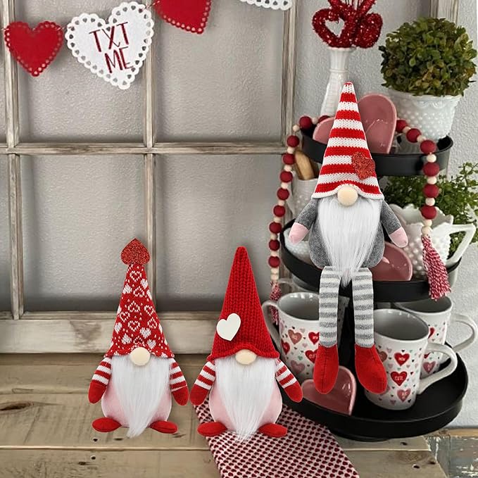 Valentines Day Decorations, 3Pcs Valentine Gnomes Plush with Hearts, Table Tired Tray Decor Indoor for Home Office, Romantic Gift for Her, Him