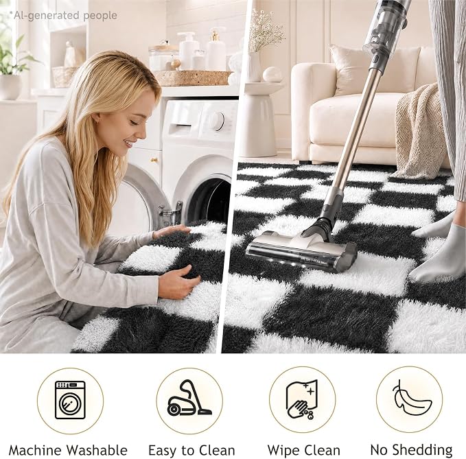 Ophanie Checkered Black & White Rug for Living Room Bedroom,Fluffy Soft Cute Fuzzy Area Rugs,Shag Plush Shaggy Bedside Floor 8x10 Furry Carpet Kids Baby Teen Dorm Decor with Over 99 pcs Pile fibers