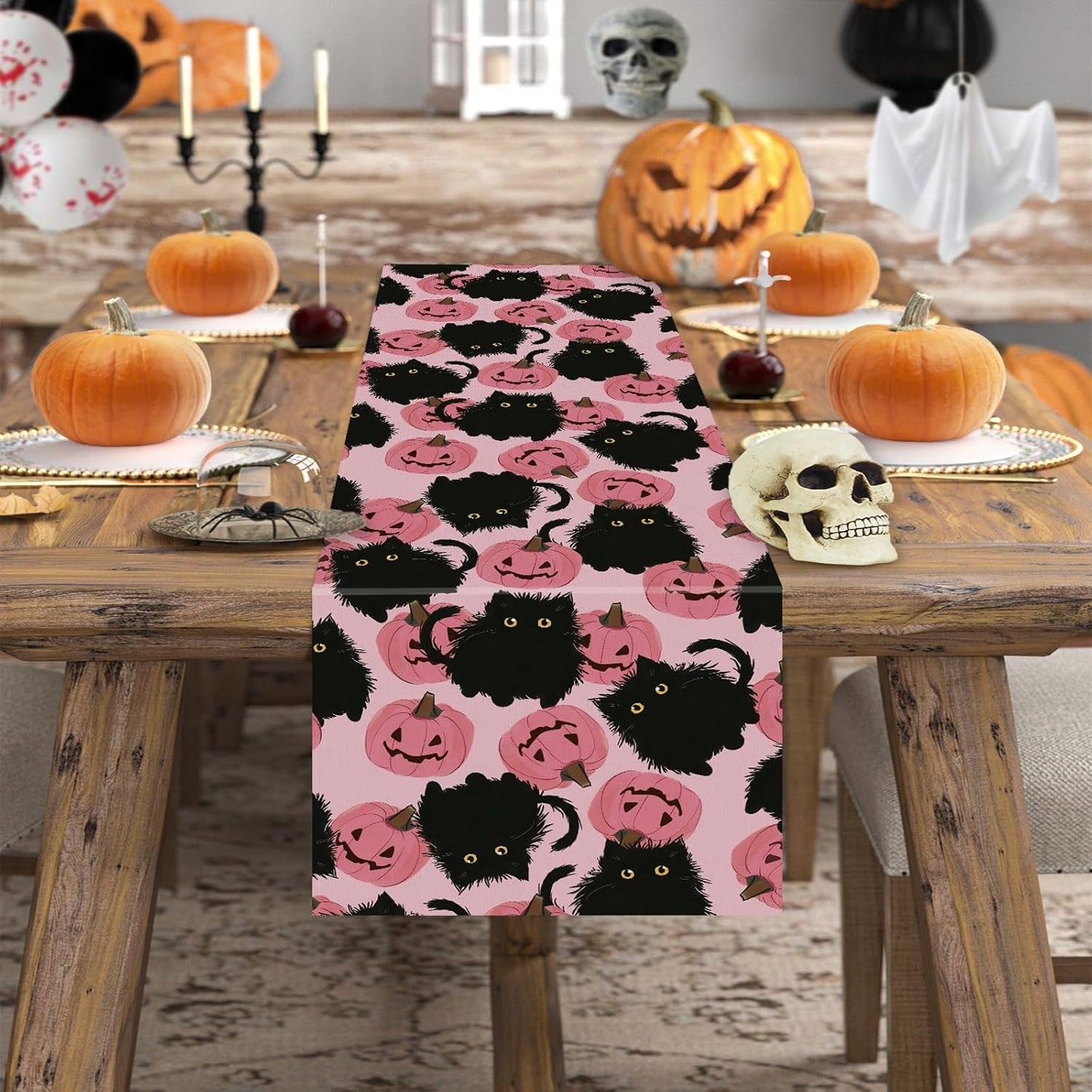Halloween Table Runner Black Cat Pink Pumpkins Seasonal Kitchen Dining Table Home Outdoor Party Decorations 13x48 Inch