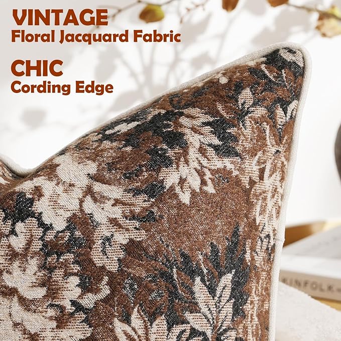 DEZENE Pack of 2 Vintage Floral Throw Pillow Covers 22x22 Boho Farmhouse Accents Chenille Square Decorative Pillow Cases for Living Room Couch Bed Home Decor, Dark Brown
