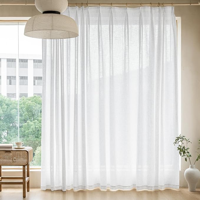 MAIHER White Extra Wide Pinch Pleated Curtains 96 Inches Long Semi Sheer Pleated Drapes Faux Linen Light Filtering Curtain Patio Privacy for Traverse Rod (1 Panel, 100" W x 96" L)